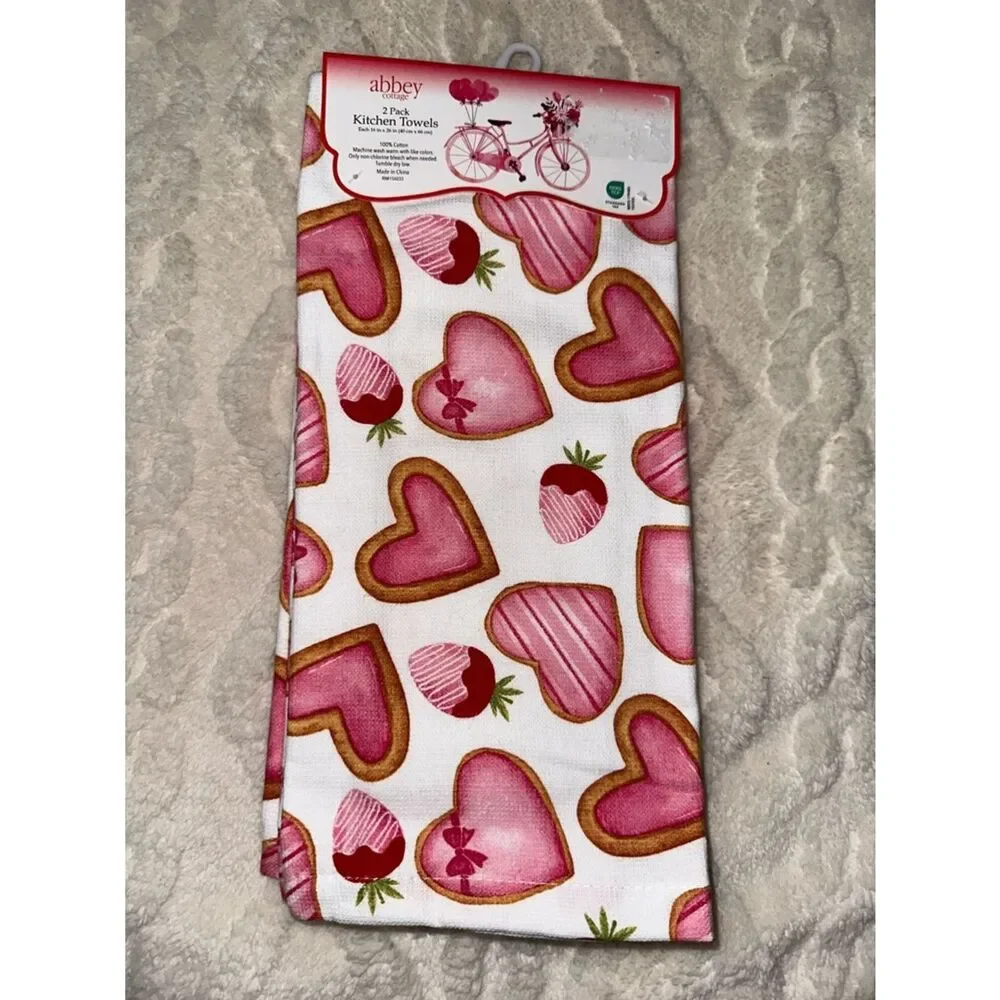 Valentine’s Day White Red Pink Tan Cookies Hearts Berries Cotton Tea Towels